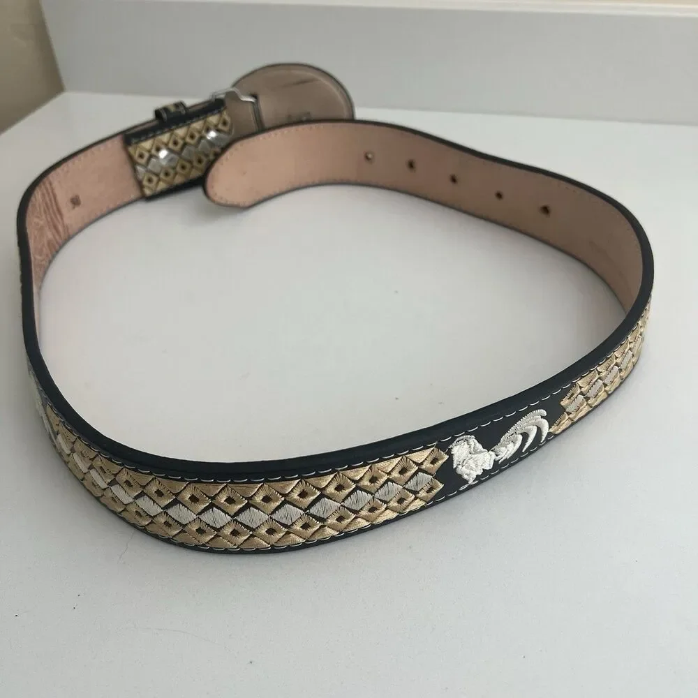Mexican Piteado Rooster Gallo Embroidered Leather Belt Western Charro Size 38